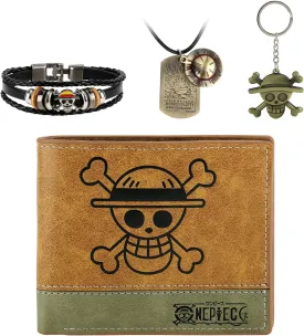 4 PCS OP Luffy Bifold Wallet Anime Set (Straw Hat Pirates Jolly Roger Mens Wallet   Luffy Skull Pendant Necklace   Luffy Keychain   OP Bracelet) Good Gift for Anime Fans