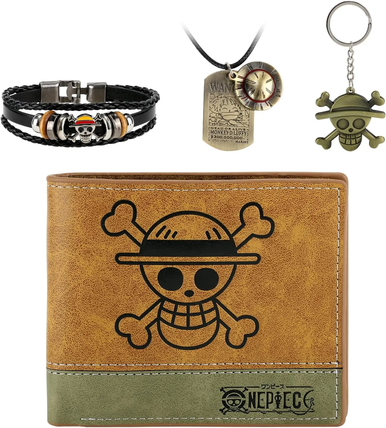 4 PCS OP Luffy Bifold Wallet Anime Set (Straw Hat Pirates Jolly Roger Mens Wallet   Luffy Skull Pendant Necklace   Luffy Keychain   OP Bracelet) Good Gift for Anime Fans