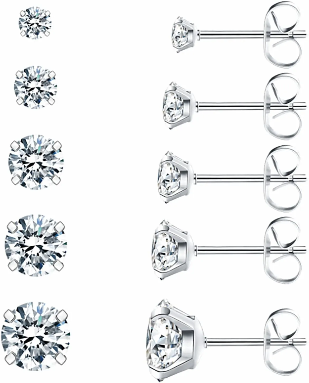 5 Pairs Diamond Stud Set, Stainless Steel Sliver Eearings Set for Women, 3-8mm Hypoallergenic Cubic Zirconia 316L Earrings