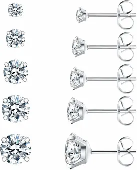 5 Pairs Diamond Stud Set, Stainless Steel Sliver Eearings Set for Women, 3-8mm Hypoallergenic Cubic Zirconia 316L Earrings