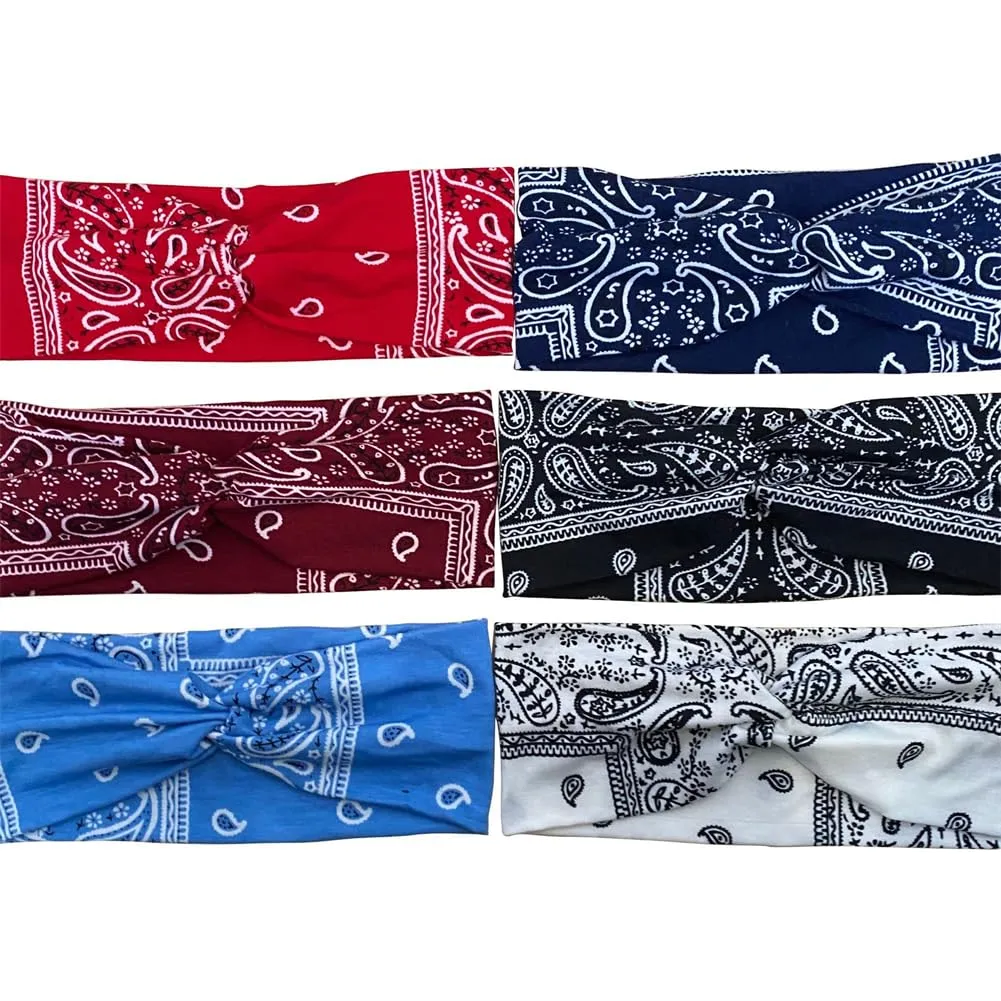 6 Pack Stretchy Headbands for Women, Absorbed Sport Headband Soft Twist Knotted Headbands for Daily Life Yoga Workout,Print Wide Bandana Knot Headbands Criss Cross Head Wrap Hair Band