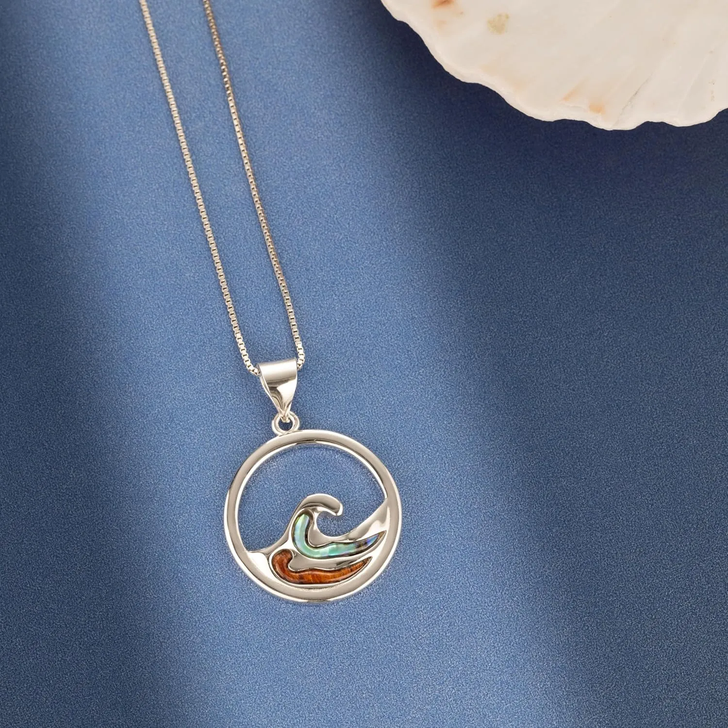 Aloha Jewelry Company 925 Sterling Silver Koa Wood and Abalone Shell Hawaiian Mauka to Makai Ocean Wave Necklace Pendant with 18" Box Chain, Nickel Free Hypoallergenic for Sensitive Skin, Gift Box Included