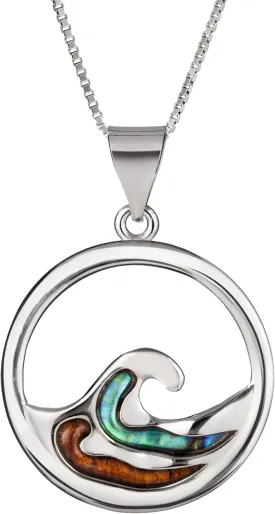 Aloha Jewelry Company 925 Sterling Silver Koa Wood and Abalone Shell Hawaiian Mauka to Makai Ocean Wave Necklace Pendant with 18" Box Chain, Nickel Free Hypoallergenic for Sensitive Skin, Gift Box Included