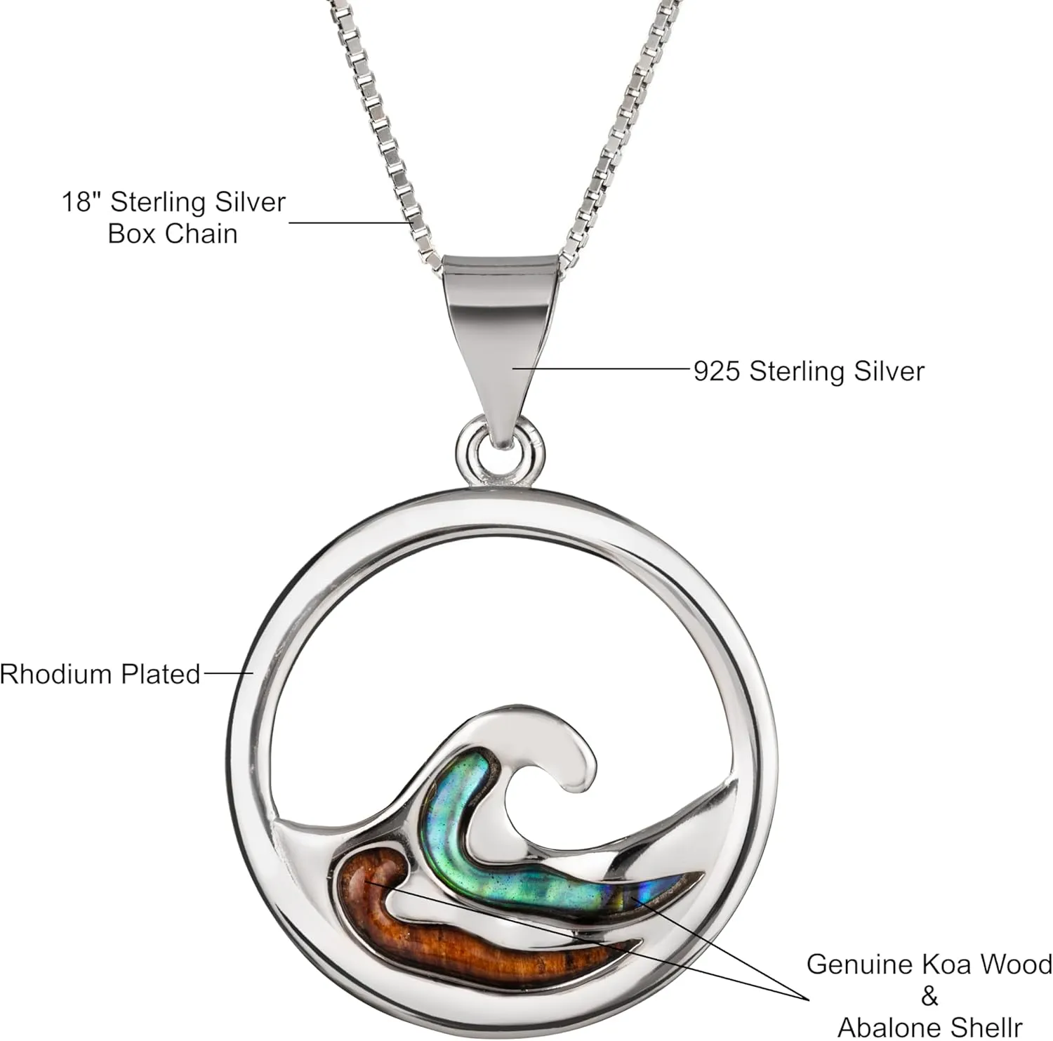 Aloha Jewelry Company 925 Sterling Silver Koa Wood and Abalone Shell Hawaiian Mauka to Makai Ocean Wave Necklace Pendant with 18" Box Chain, Nickel Free Hypoallergenic for Sensitive Skin, Gift Box Included