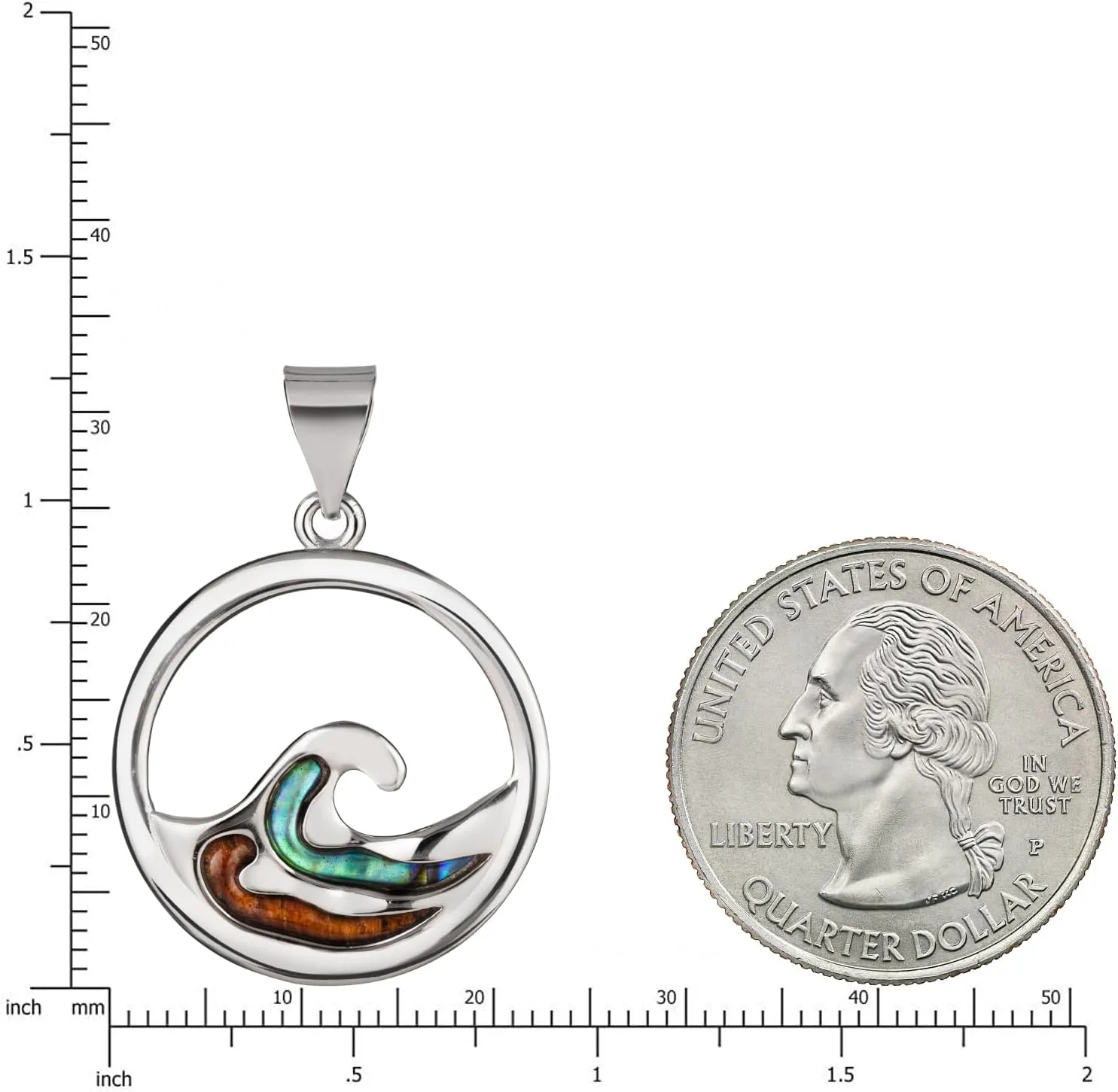 Aloha Jewelry Company 925 Sterling Silver Koa Wood and Abalone Shell Hawaiian Mauka to Makai Ocean Wave Necklace Pendant with 18" Box Chain, Nickel Free Hypoallergenic for Sensitive Skin, Gift Box Included