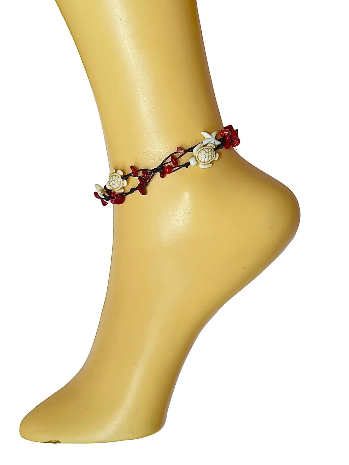 Anklet Stone Handmade Braided Rope Ankle Natural stone Turtle Starfish dolphin for Women Girls (Red Agate turtle starfish)