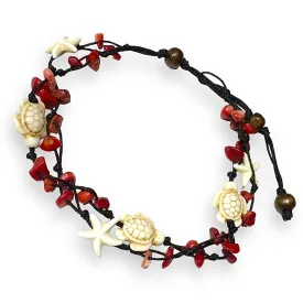 Anklet Stone Handmade Braided Rope Ankle Natural stone Turtle Starfish dolphin for Women Girls (Red Agate turtle starfish)