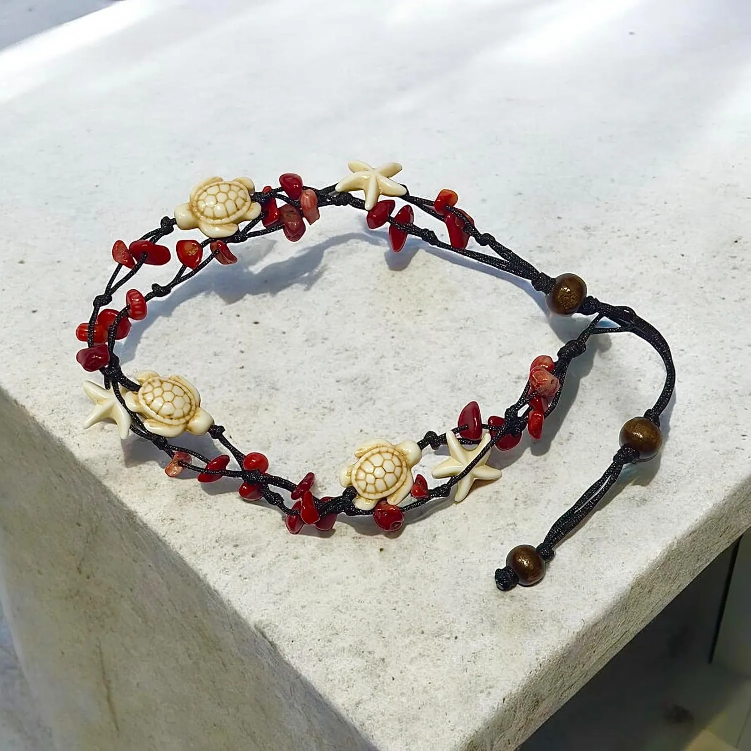Anklet Stone Handmade Braided Rope Ankle Natural stone Turtle Starfish dolphin for Women Girls (Red Agate turtle starfish)