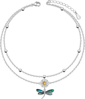 Anklets for Women 925 Sterling Silver Charm Layered Simulated Opal/Moonstone/Daisy/Infinity Summer Beach Ankle Bracelet Foot Chain Jewelry Birthday Valentine's Day Mother's Day Gift