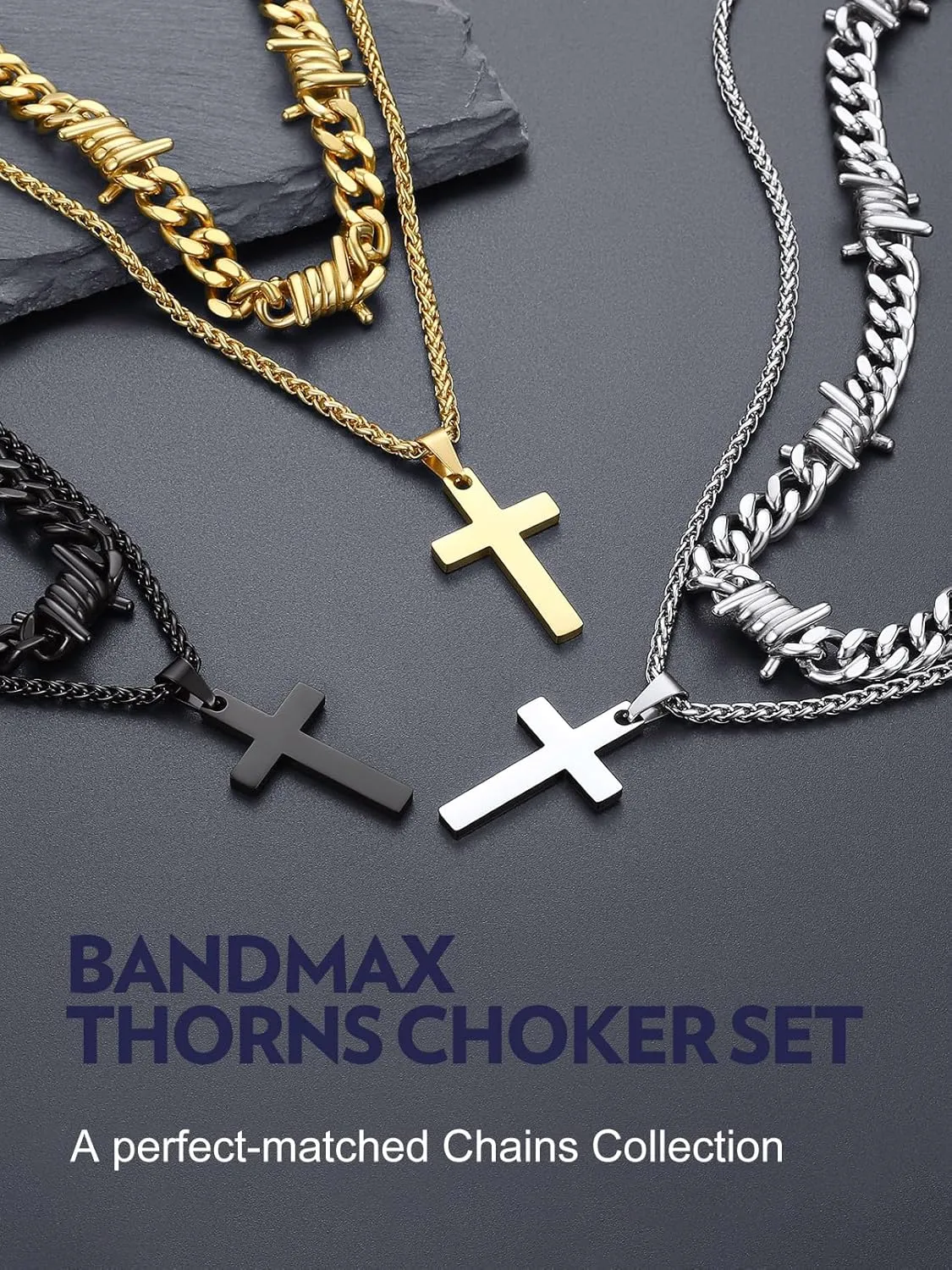 Bandmax Barbed Wire Cuban Necklace for Women Men Stainless Steel/Black Gothic Thorns Skull Choker Necklace Bracelet Punk Jewelry -Gift Packed