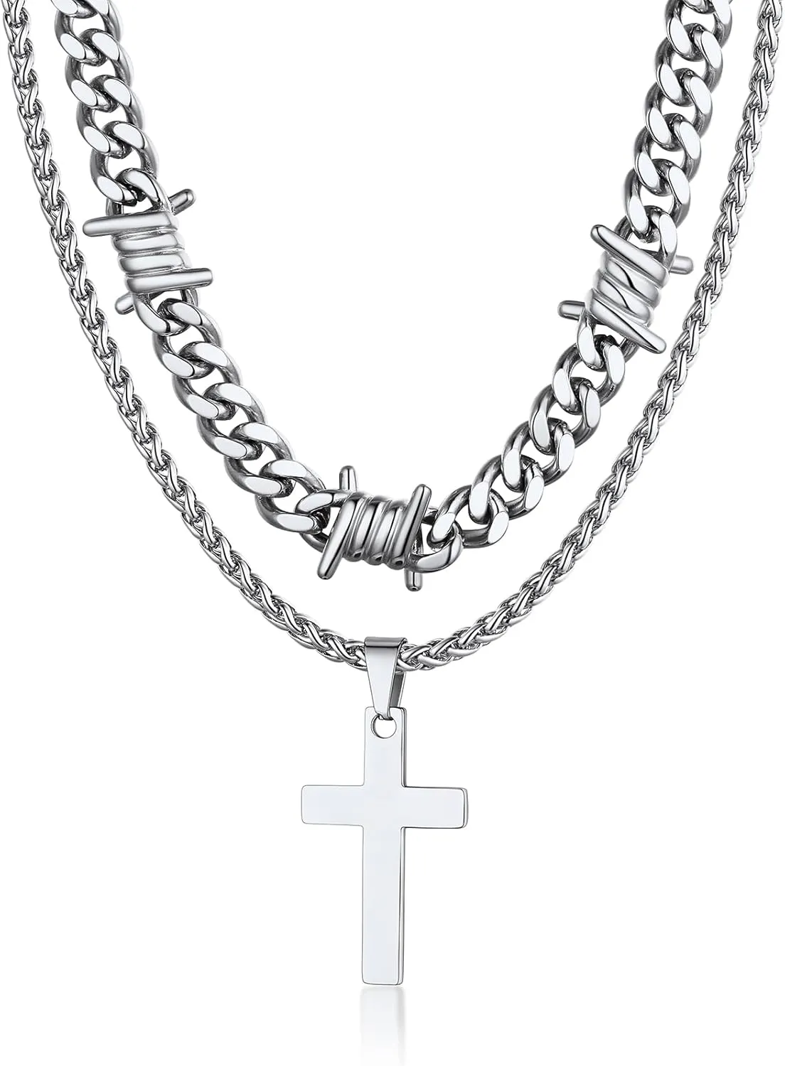 Bandmax Barbed Wire Cuban Necklace for Women Men Stainless Steel/Black Gothic Thorns Skull Choker Necklace Bracelet Punk Jewelry -Gift Packed