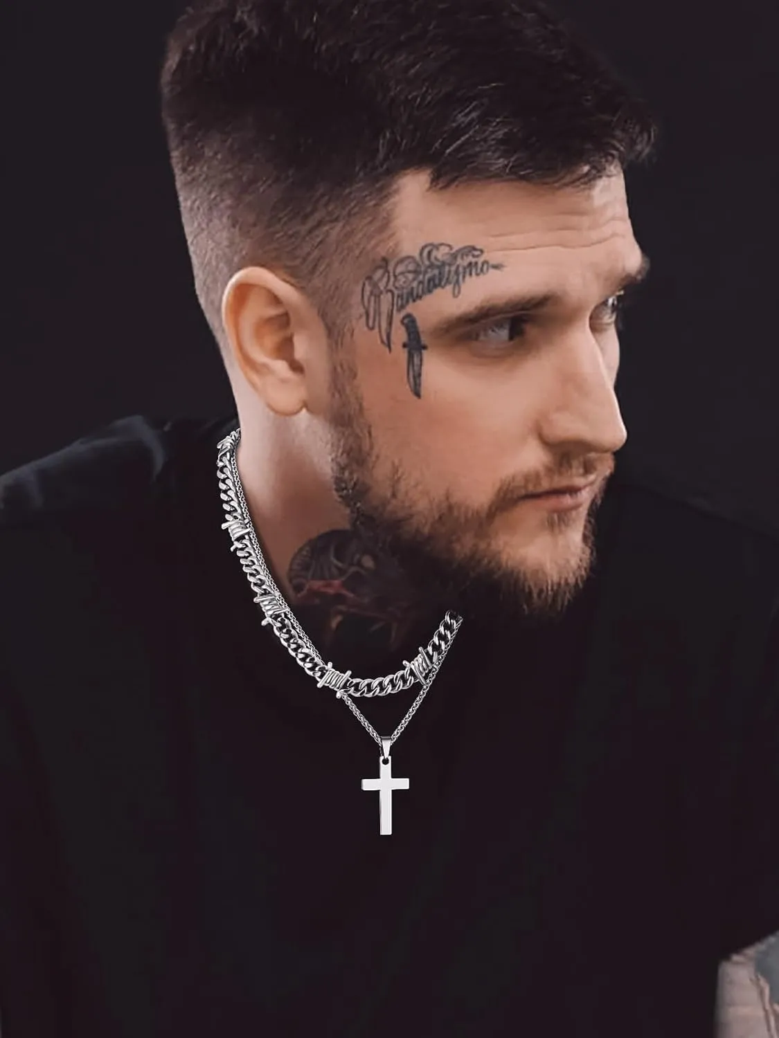 Bandmax Barbed Wire Cuban Necklace for Women Men Stainless Steel/Black Gothic Thorns Skull Choker Necklace Bracelet Punk Jewelry -Gift Packed
