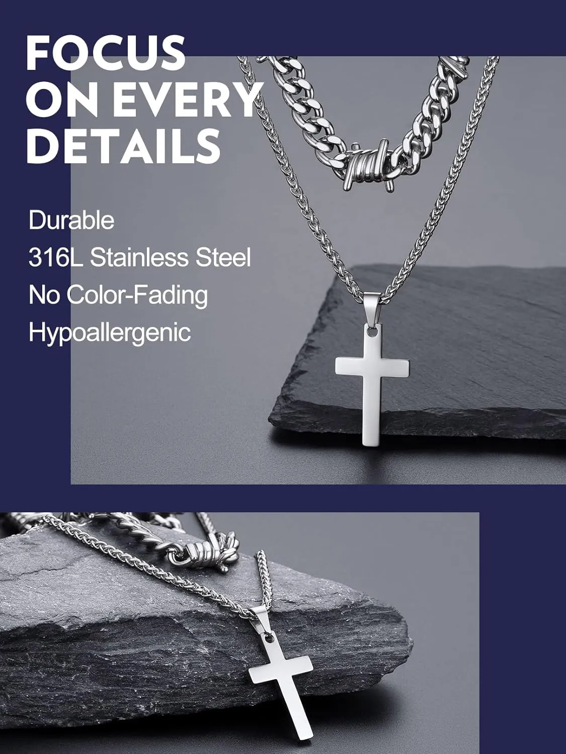 Bandmax Barbed Wire Cuban Necklace for Women Men Stainless Steel/Black Gothic Thorns Skull Choker Necklace Bracelet Punk Jewelry -Gift Packed