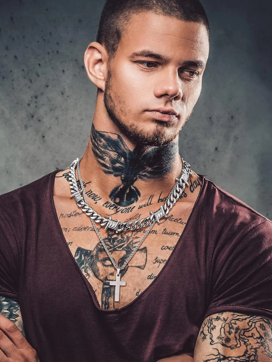 Bandmax Barbed Wire Cuban Necklace for Women Men Stainless Steel/Black Gothic Thorns Skull Choker Necklace Bracelet Punk Jewelry -Gift Packed
