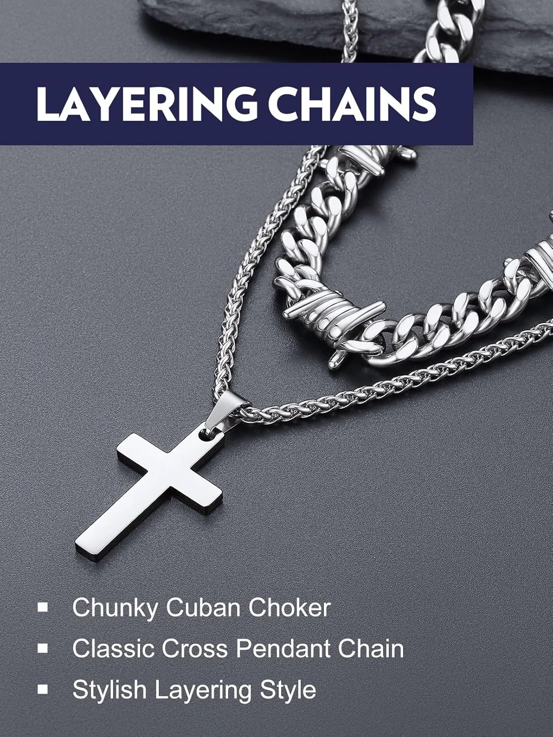 Bandmax Barbed Wire Cuban Necklace for Women Men Stainless Steel/Black Gothic Thorns Skull Choker Necklace Bracelet Punk Jewelry -Gift Packed