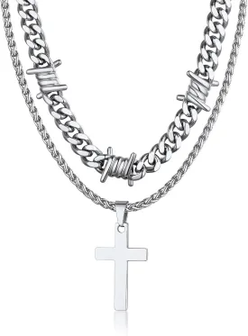 Bandmax Barbed Wire Cuban Necklace for Women Men Stainless Steel/Black Gothic Thorns Skull Choker Necklace Bracelet Punk Jewelry -Gift Packed