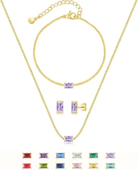 Birthstone Bracelet Necklace Earring Set for Women 18K Gold Plated Stainless Steel Birth Link Bracelet Pendant Studs Birthday Jewelry Gift for Mother and Daughter