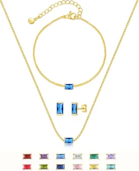 Birthstone Bracelet Necklace Earring Set for Women 18K Gold Plated Stainless Steel Birth Link Bracelet Pendant Studs Birthday Jewelry Gift for Mother and Daughter