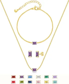 Birthstone Bracelet Necklace Earring Set for Women 18K Gold Plated Stainless Steel Birth Link Bracelet Pendant Studs Birthday Jewelry Gift for Mother and Daughter