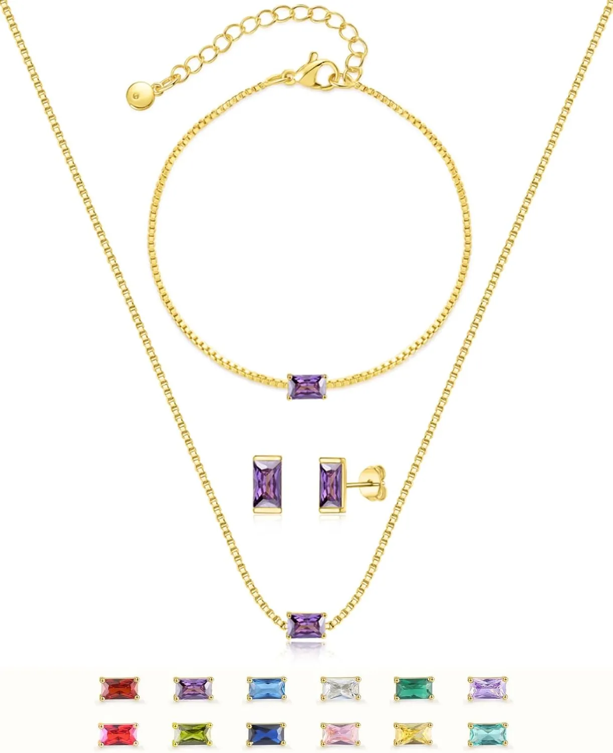 Birthstone Bracelet Necklace Earring Set for Women 18K Gold Plated Stainless Steel Birth Link Bracelet Pendant Studs Birthday Jewelry Gift for Mother and Daughter