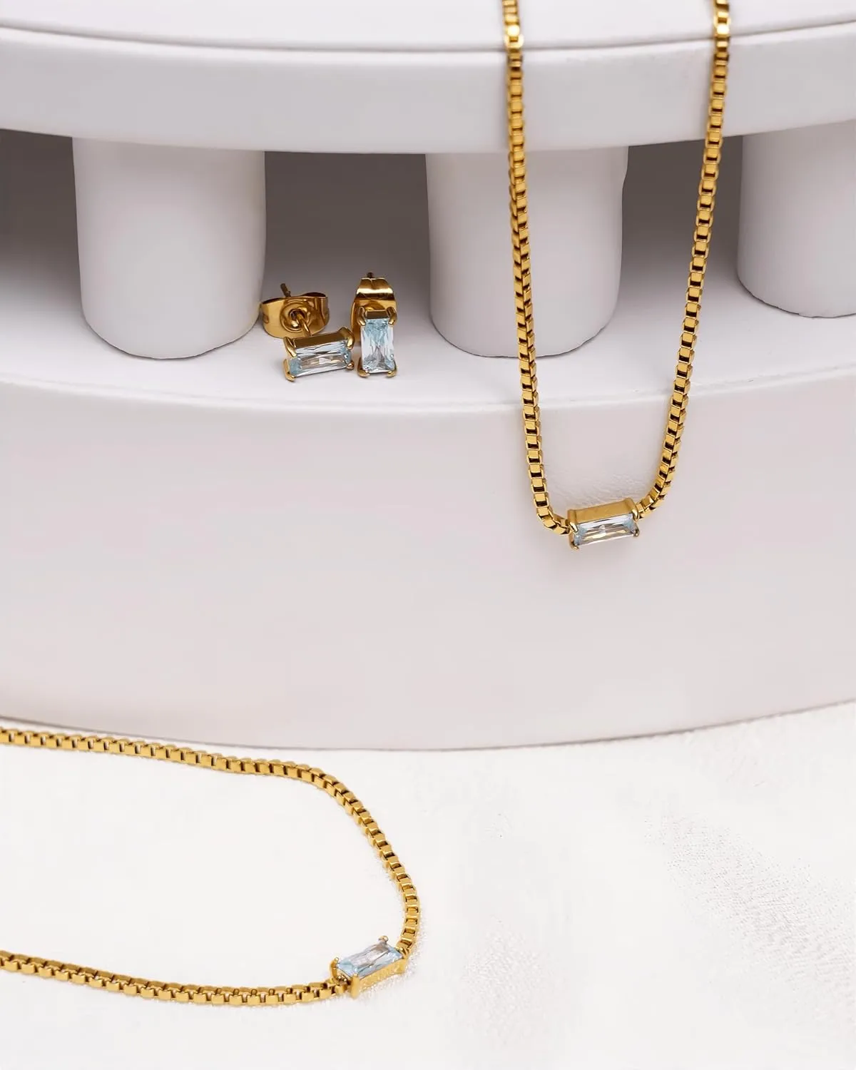 Birthstone Bracelet Necklace Earring Set for Women 18K Gold Plated Stainless Steel Birth Link Bracelet Pendant Studs Birthday Jewelry Gift for Mother and Daughter