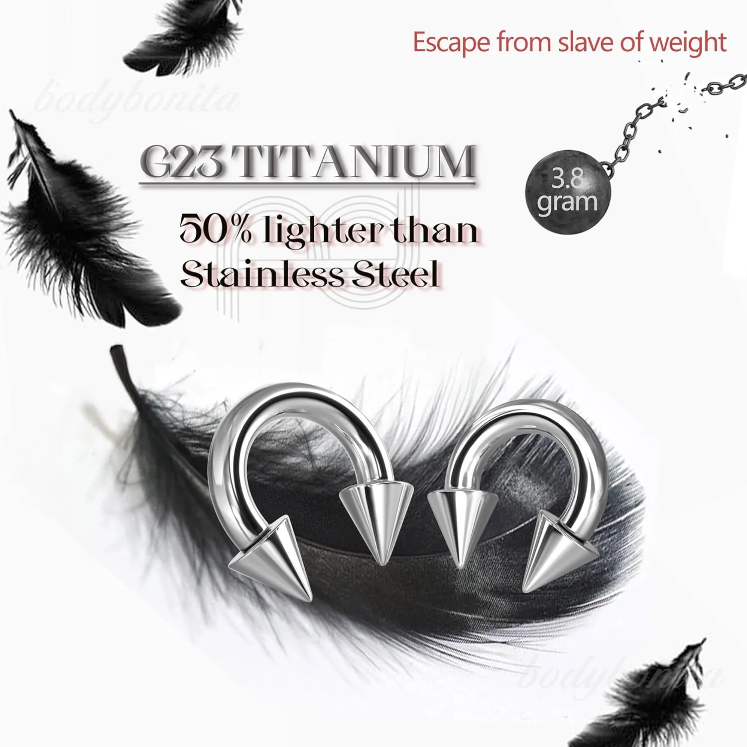 BodyBonita G23 Titanium Septum Rings 6G 8G 12G - Horseshoe Circular Barbell Spikes Stretched Pincher Nose Piercing Jewelry ASTM F136 Titanium Earrings for Women Men Silver 10 mm 12 mm