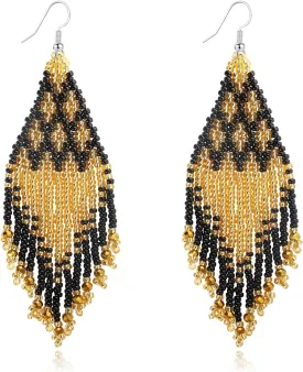 Bohemian Large Long Tassel Beaded Earrings Handmade Boho Native Statement Big Fringe for Women