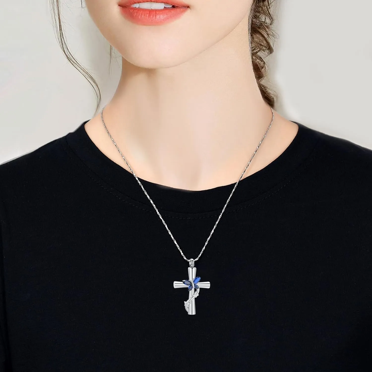 Butterfly Cross Urn Necklace for Ashes Crystal Butterfly Cremation Jewelry Ashes Pendant for Women Men Memorial Keepsake Jewelry for Human shes of Loved Ones