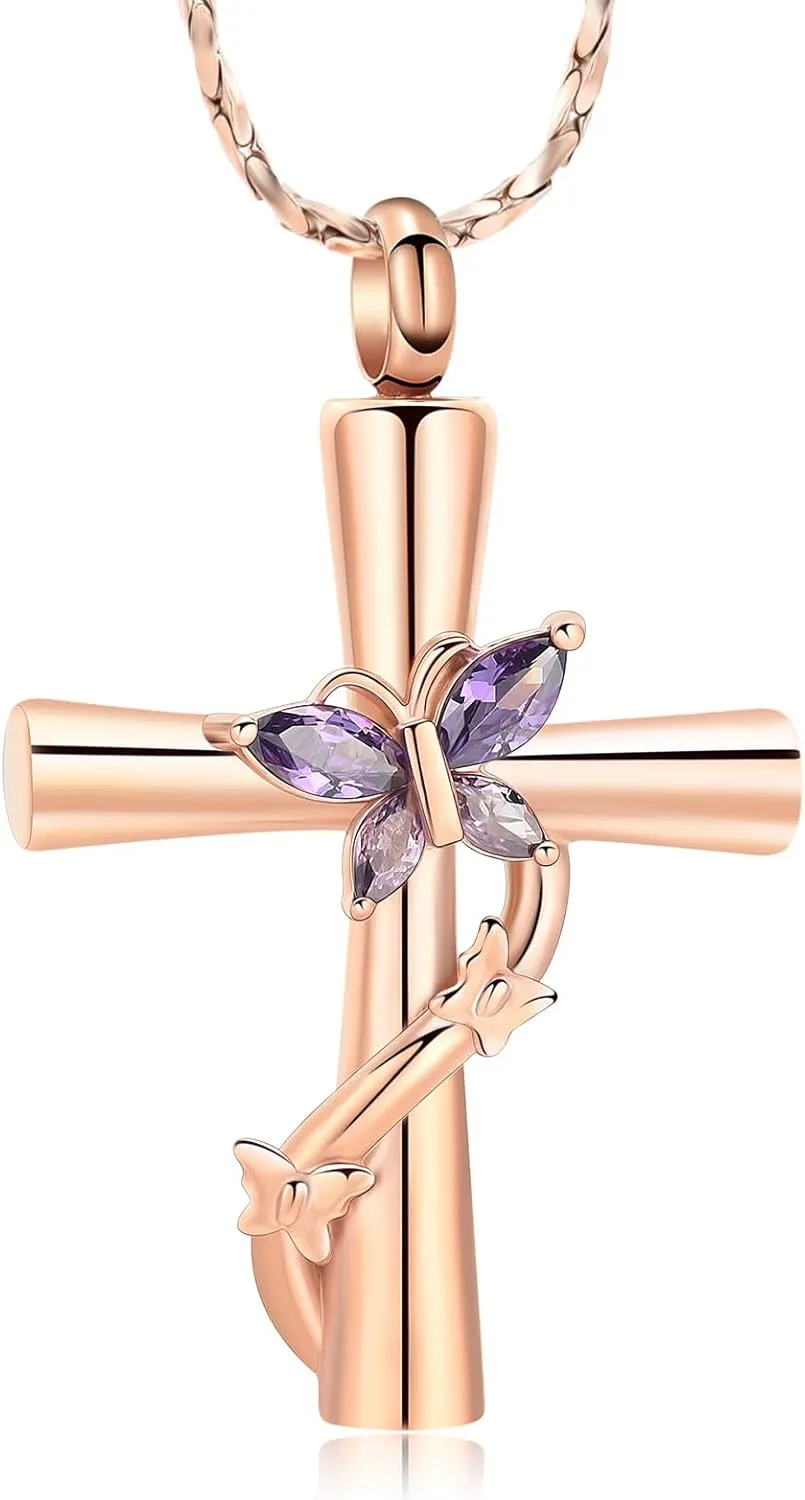 Butterfly Cross Urn Necklace for Ashes Crystal Butterfly Cremation Jewelry Ashes Pendant for Women Men Memorial Keepsake Jewelry for Human shes of Loved Ones