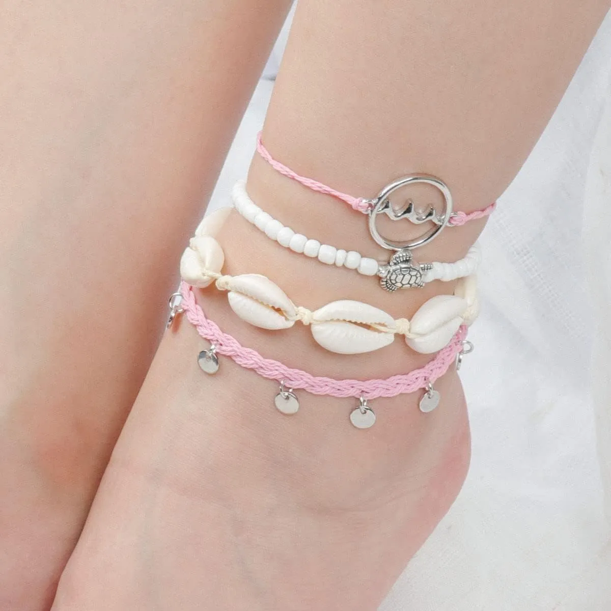 Caiyao 4 Pcs Summer Surfer Wave Anklet Bracelets Adjustable Strand Braided String Rope Bracelets Waterproof Handmade Sunflower Bracelets Anklets Jewelry for Women
