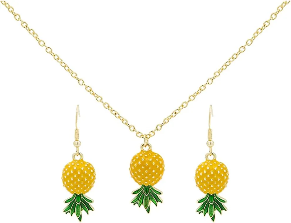 Cartoon Pineapple Pendant Necklace Earrings Jewelries Fashion Dangle Necklace Jewellery Set Green Leaf Pineapple Earings for Women Earrings Mothers Day Valentines Day Jewelry