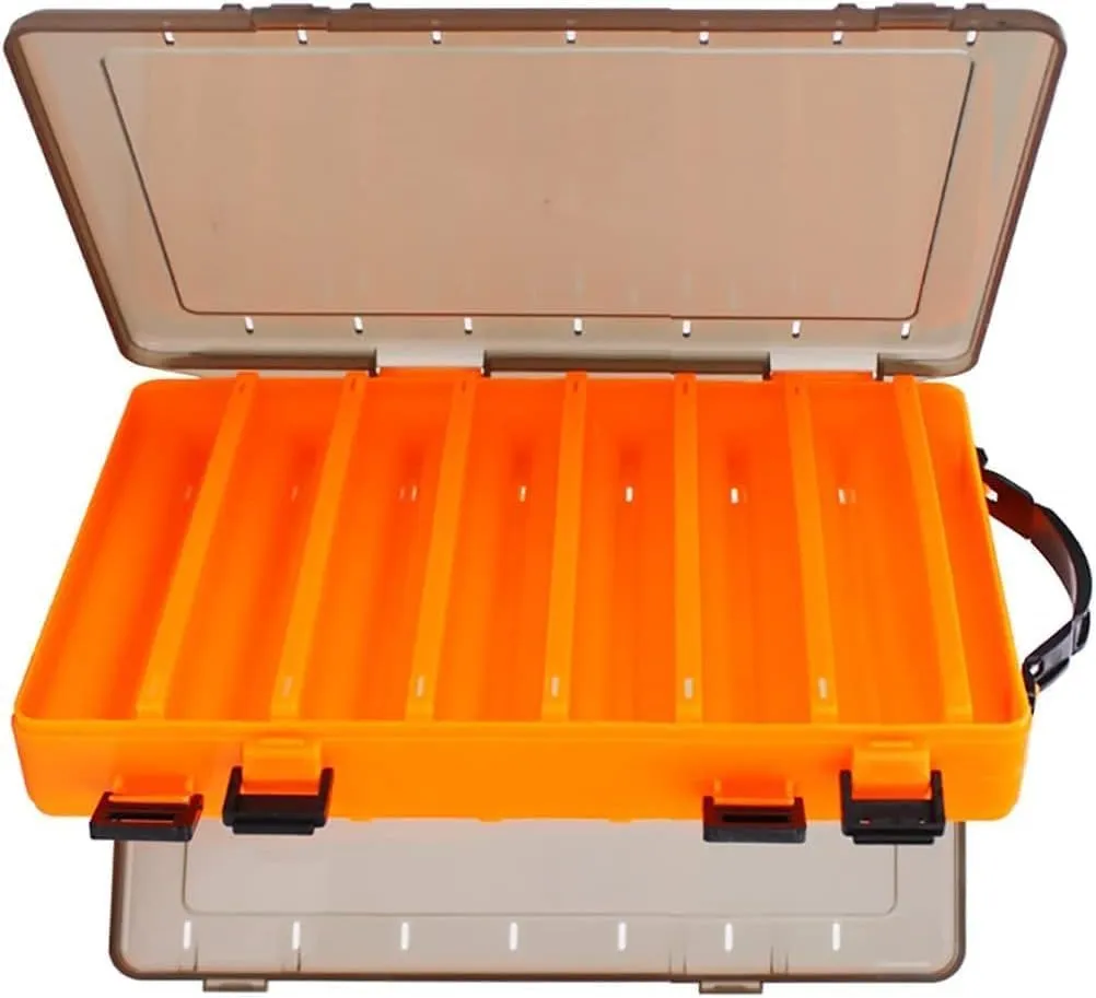 Double-Sided Fishing Lure Hook Tackle Box Visible Hard Plastic Clear Fishing Lure Bait Squid Jig Minnows Hooks Accessory Storage Case Container (Orange-14Slots)