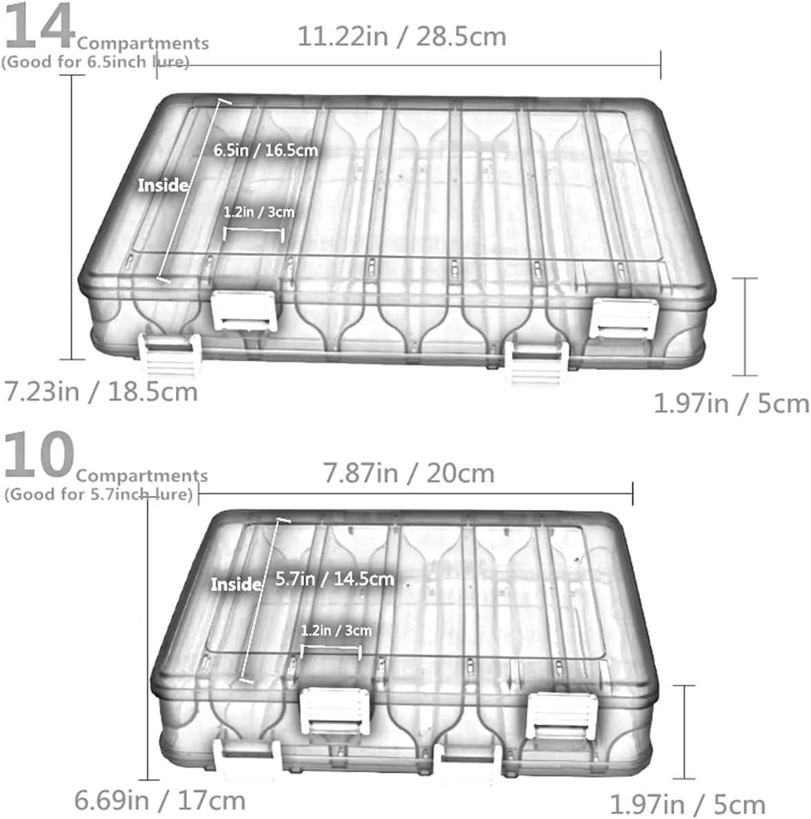 Double-Sided Fishing Lure Hook Tackle Box Visible Hard Plastic Clear Fishing Lure Bait Squid Jig Minnows Hooks Accessory Storage Case Container (Orange-14Slots)