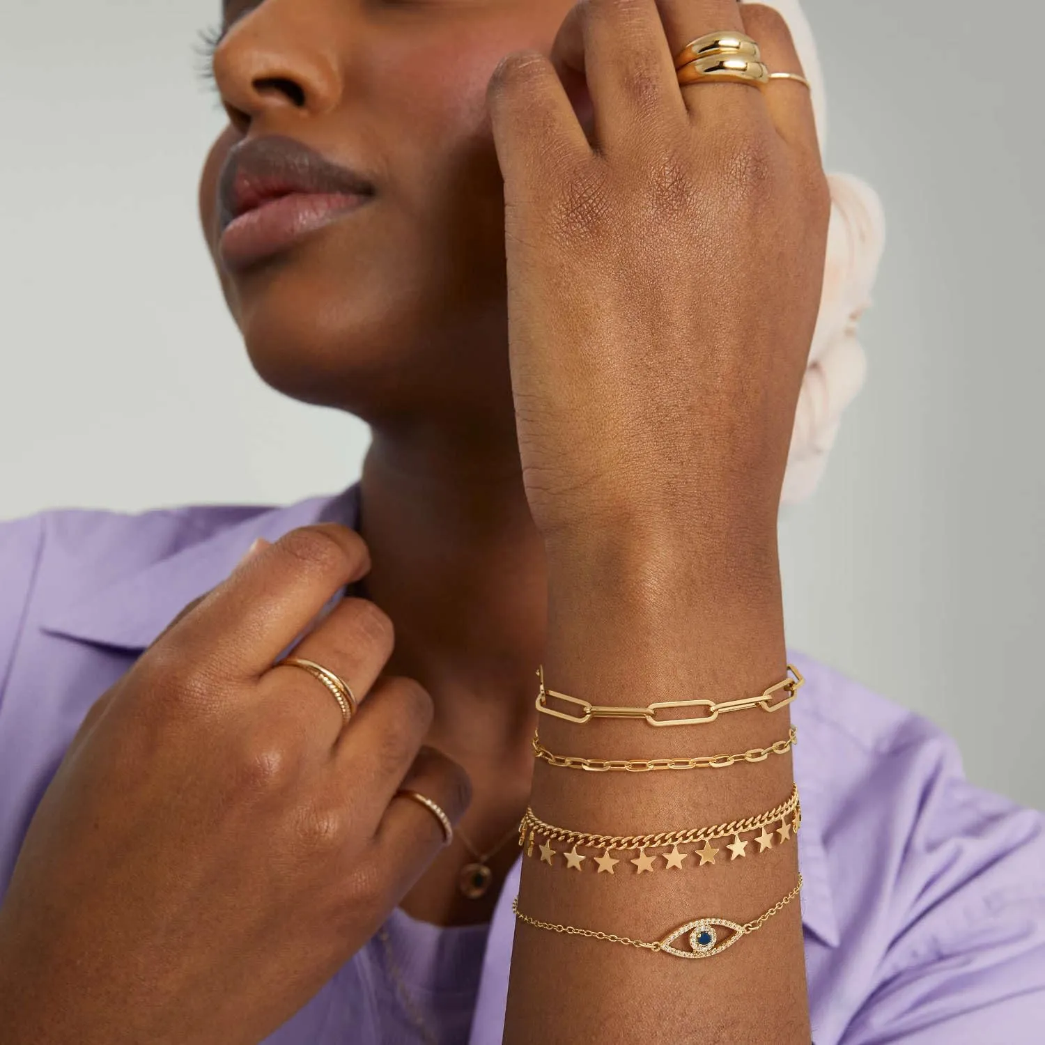 Dremmy Studios Gold Bracelet for Women 18K Gold Plated Dainty Paperclip Cubic Zirconia Disc Coin Star Cable Satellite Bead Pearl Simple Boho Minimalist Stacking Layered Link Jewelry Gift