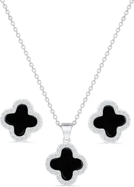 Four Leaf Crystal Clover Necklace Earring Set for Women 18K Gold Plated Stainless Steel Cubic Zirconia Pendant 4 Leaf Lucky Ear Studs Jewelry Gift for Mother and Daughter