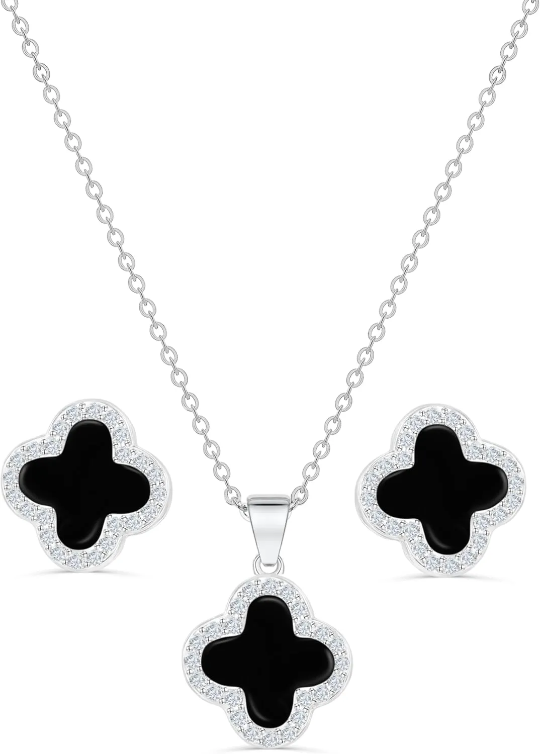 Four Leaf Crystal Clover Necklace Earring Set for Women 18K Gold Plated Stainless Steel Cubic Zirconia Pendant 4 Leaf Lucky Ear Studs Jewelry Gift for Mother and Daughter