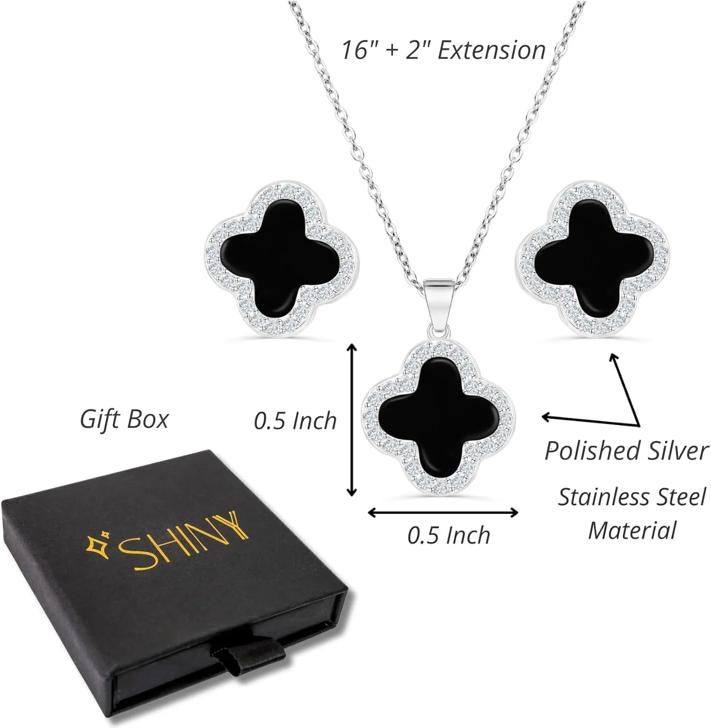 Four Leaf Crystal Clover Necklace Earring Set for Women 18K Gold Plated Stainless Steel Cubic Zirconia Pendant 4 Leaf Lucky Ear Studs Jewelry Gift for Mother and Daughter
