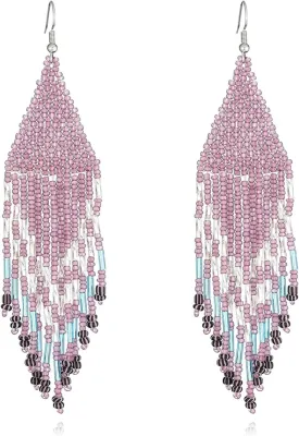 FUTIMELY Rice Beaded Tassel Drop Dangle Earrings for Women,Boho Handmade Seed Bead Native Bohemian Large Statement Fringe Long Earrings for Women