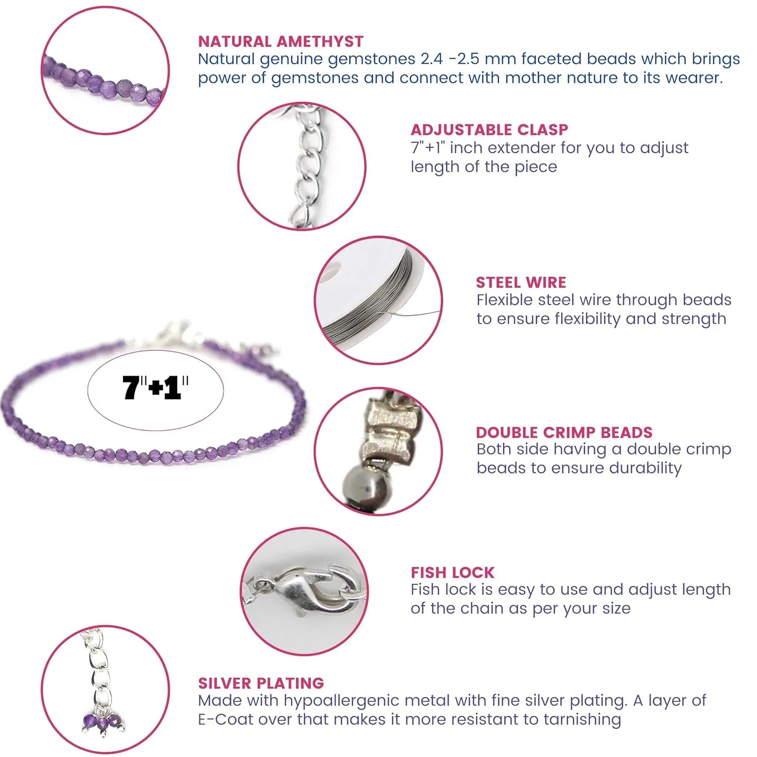 Gempires Amethyst Beaded Bracelet February Birthstone Gemstone Jewelry Hypoallergenic 8 Inch Silver Plated Purple Crystal Dainty Women Bracelets
