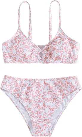 Girl's 2 Piece Swimsuits Disty Floral Ring Linked Bathing Suit Cute Bikini Sets
