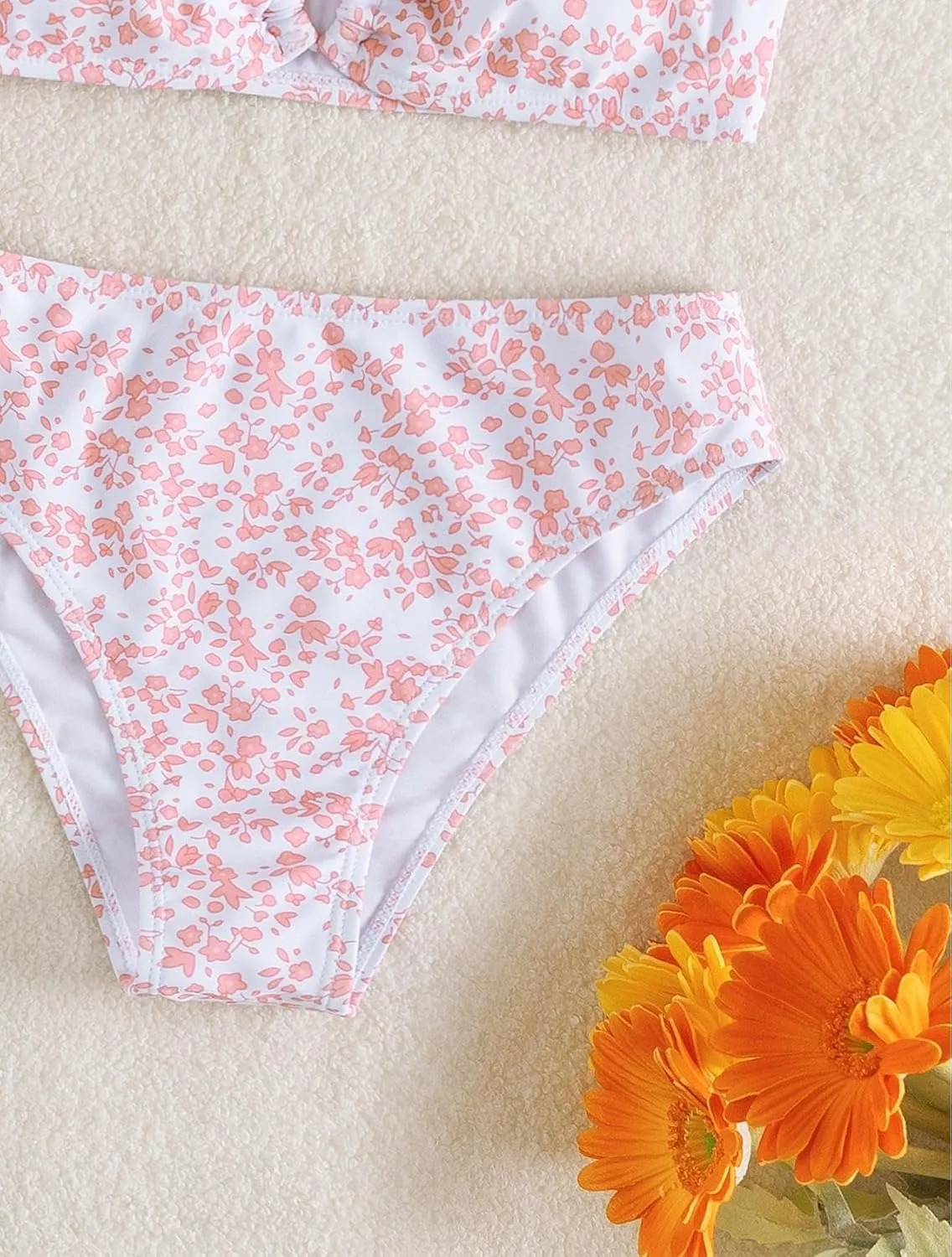 Girl's 2 Piece Swimsuits Disty Floral Ring Linked Bathing Suit Cute Bikini Sets