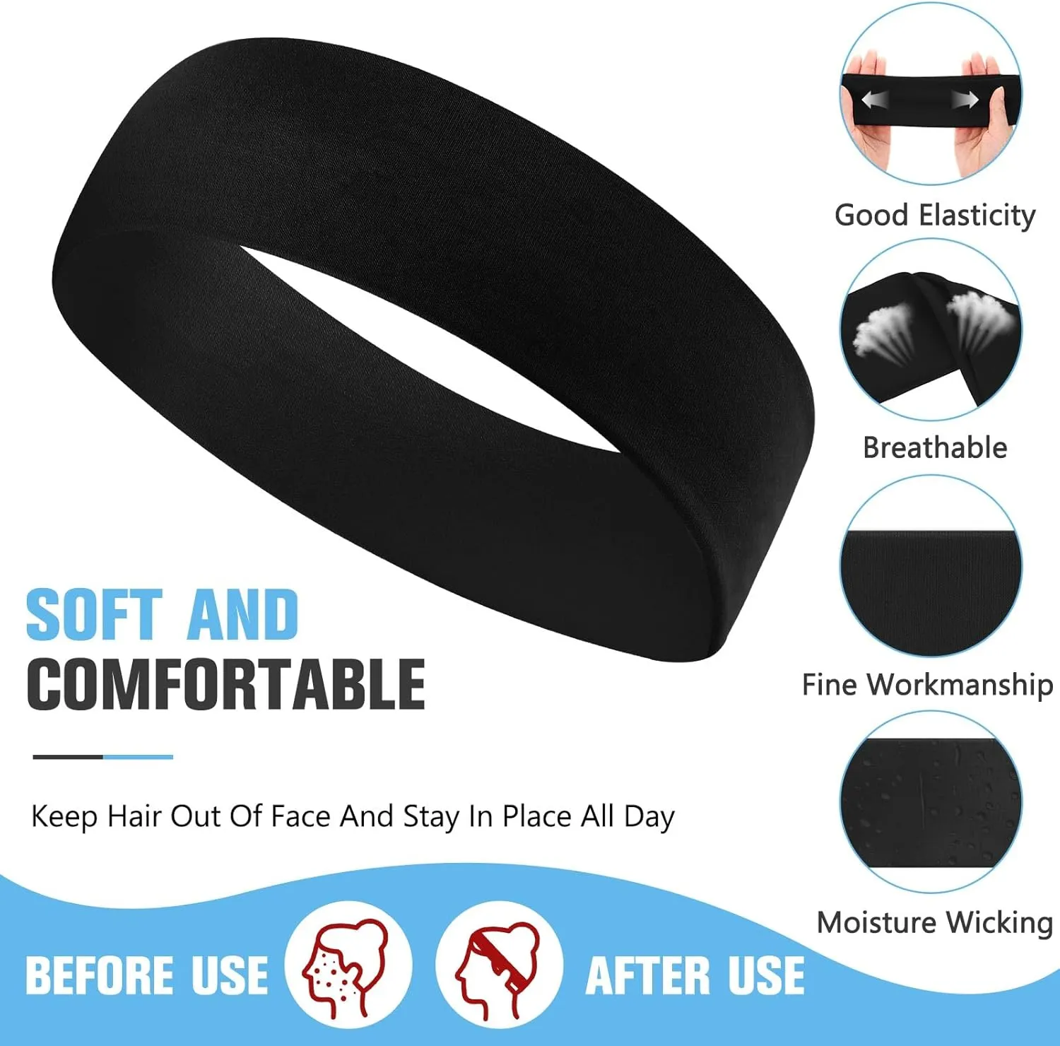 Hotop 30 Pcs Sport Headbands for Women Non Slip Stretchy Soft Fabric Elastic Sweatbands Bulk for Yoga DIY Team Gifts