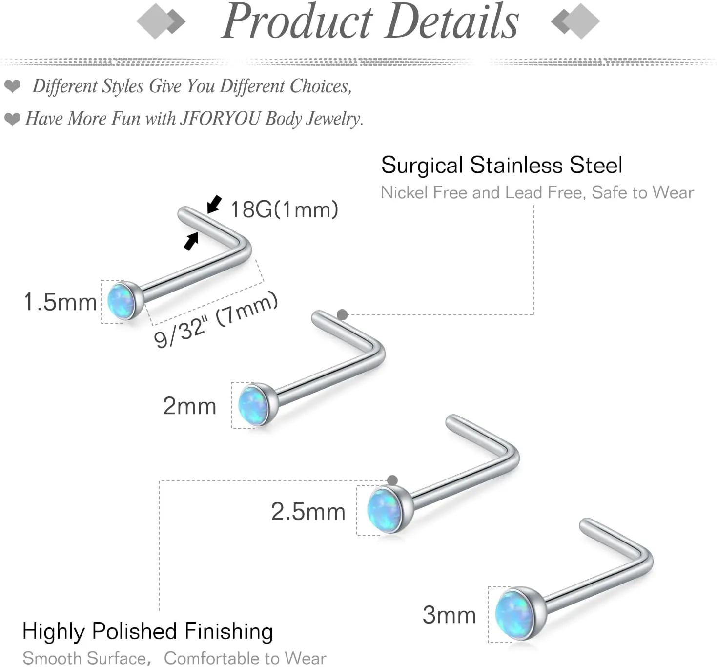 JFORYOU 18G Nose Rings Set for Women Stainless Steel Hypoallergenic 1.5mm 2mm 2.5mm 3mm Nose Studs and Opal Hinged Clicker Segment Nose Rings Hoops Helix Cartilage Daith Conch Tragus Sleeper Earrings