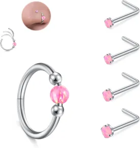 JFORYOU 18G Nose Rings Set for Women Stainless Steel Hypoallergenic 1.5mm 2mm 2.5mm 3mm Nose Studs and Opal Hinged Clicker Segment Nose Rings Hoops Helix Cartilage Daith Conch Tragus Sleeper Earrings