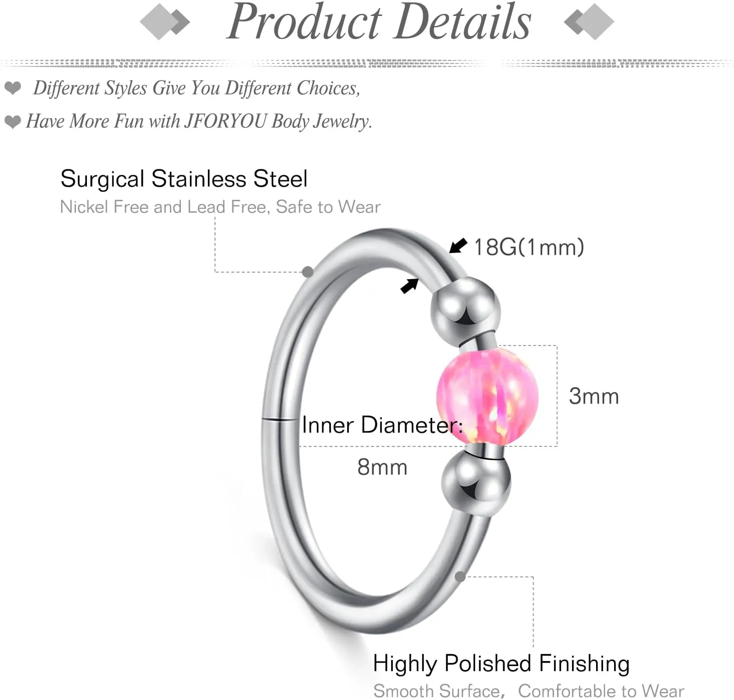 JFORYOU 18G Nose Rings Set for Women Stainless Steel Hypoallergenic 1.5mm 2mm 2.5mm 3mm Nose Studs and Opal Hinged Clicker Segment Nose Rings Hoops Helix Cartilage Daith Conch Tragus Sleeper Earrings