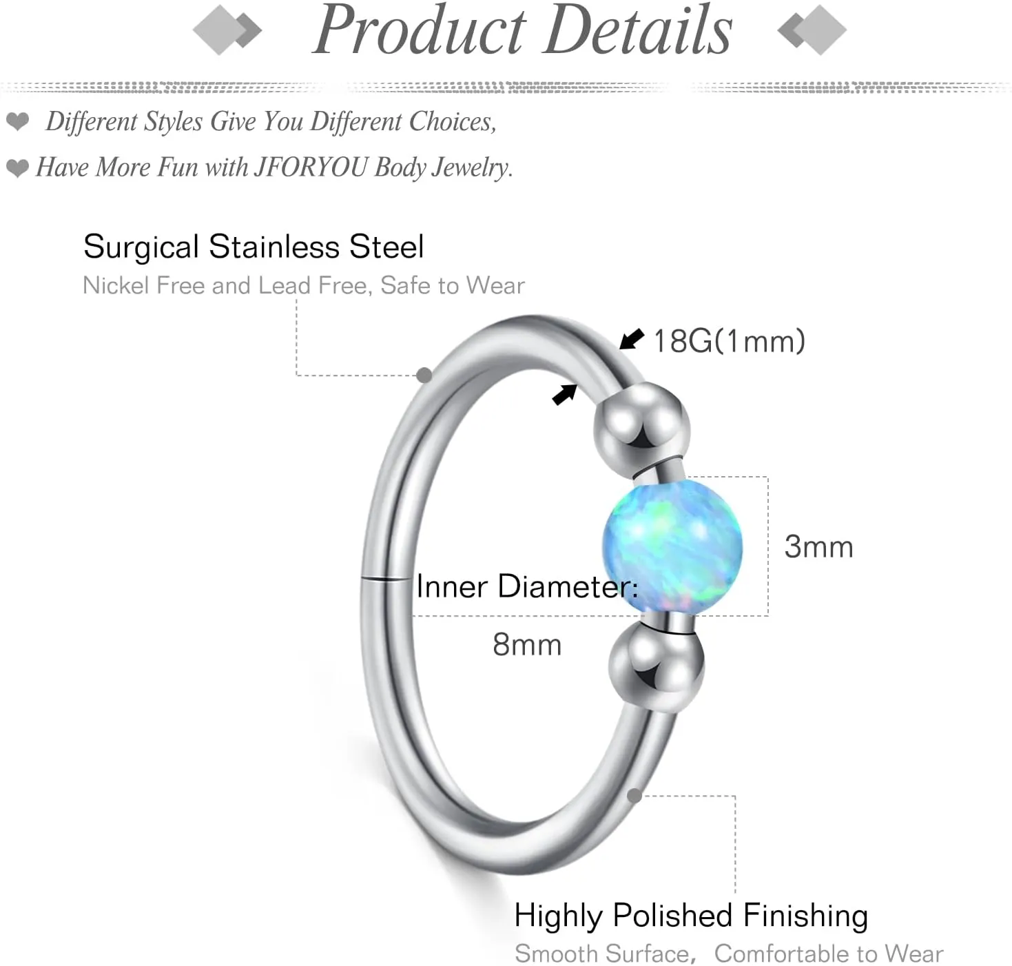 JFORYOU 18G Nose Rings Set for Women Stainless Steel Hypoallergenic 1.5mm 2mm 2.5mm 3mm Nose Studs and Opal Hinged Clicker Segment Nose Rings Hoops Helix Cartilage Daith Conch Tragus Sleeper Earrings