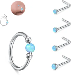 JFORYOU 18G Nose Rings Set for Women Stainless Steel Hypoallergenic 1.5mm 2mm 2.5mm 3mm Nose Studs and Opal Hinged Clicker Segment Nose Rings Hoops Helix Cartilage Daith Conch Tragus Sleeper Earrings