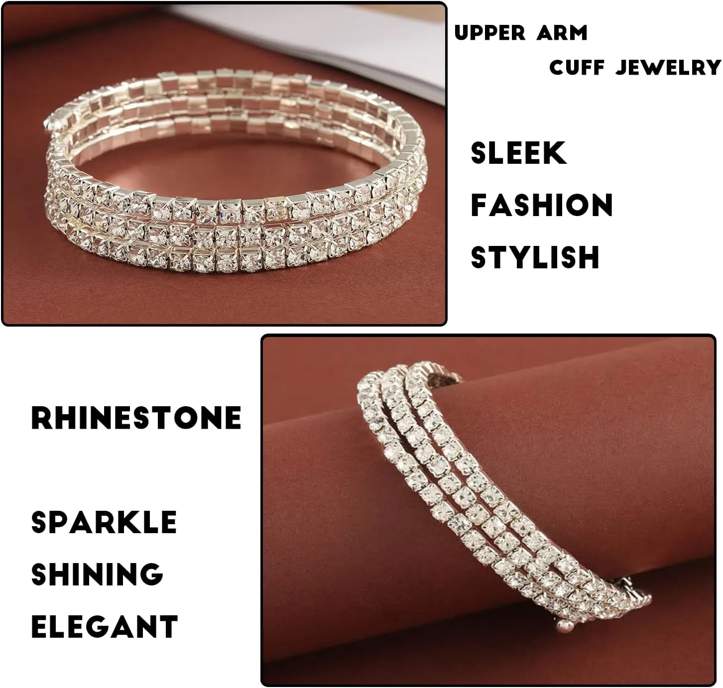 Jojomina Rhinestone Arm Cuff Jewelry for Women Multilayer Arm Bracelet Upper Arm Jewelry Crystal Silver Prom Bridal Bangle for Party Bride Wedding