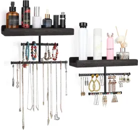 Keebofly Hanging Wall Mounted Jewelry Organizer with Rustic Wood Jewelry Holder Display for Necklaces Bracelet Earrings Ring Set of 2 Black,[Patented]