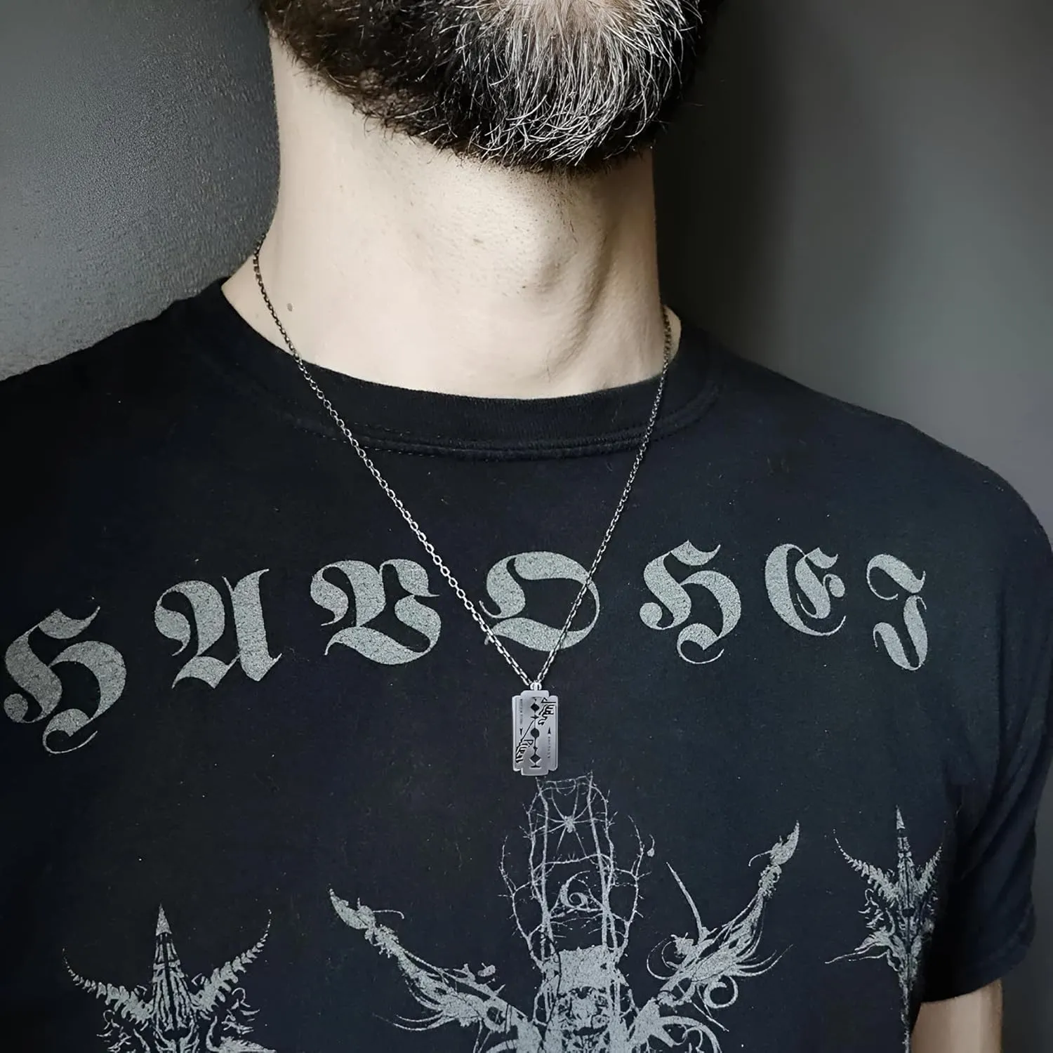 LUSSO Silver Gothic Punk Judas Priest Razor Blade Necklace for Men - Long Chain Pendant, Hip Hop Bracelet, Unisex Christmas Gifts